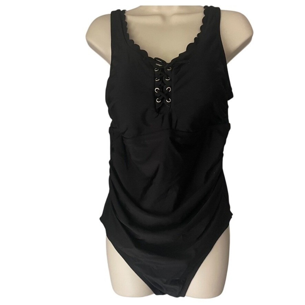 Kona Sol Womens Size 16 Black One Piece Swimsuit Lace Up Front Tummy Control